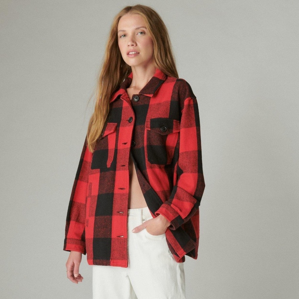 Lucky Brand Red/Black Plaid Shacket Medium - Picture 2 of 7